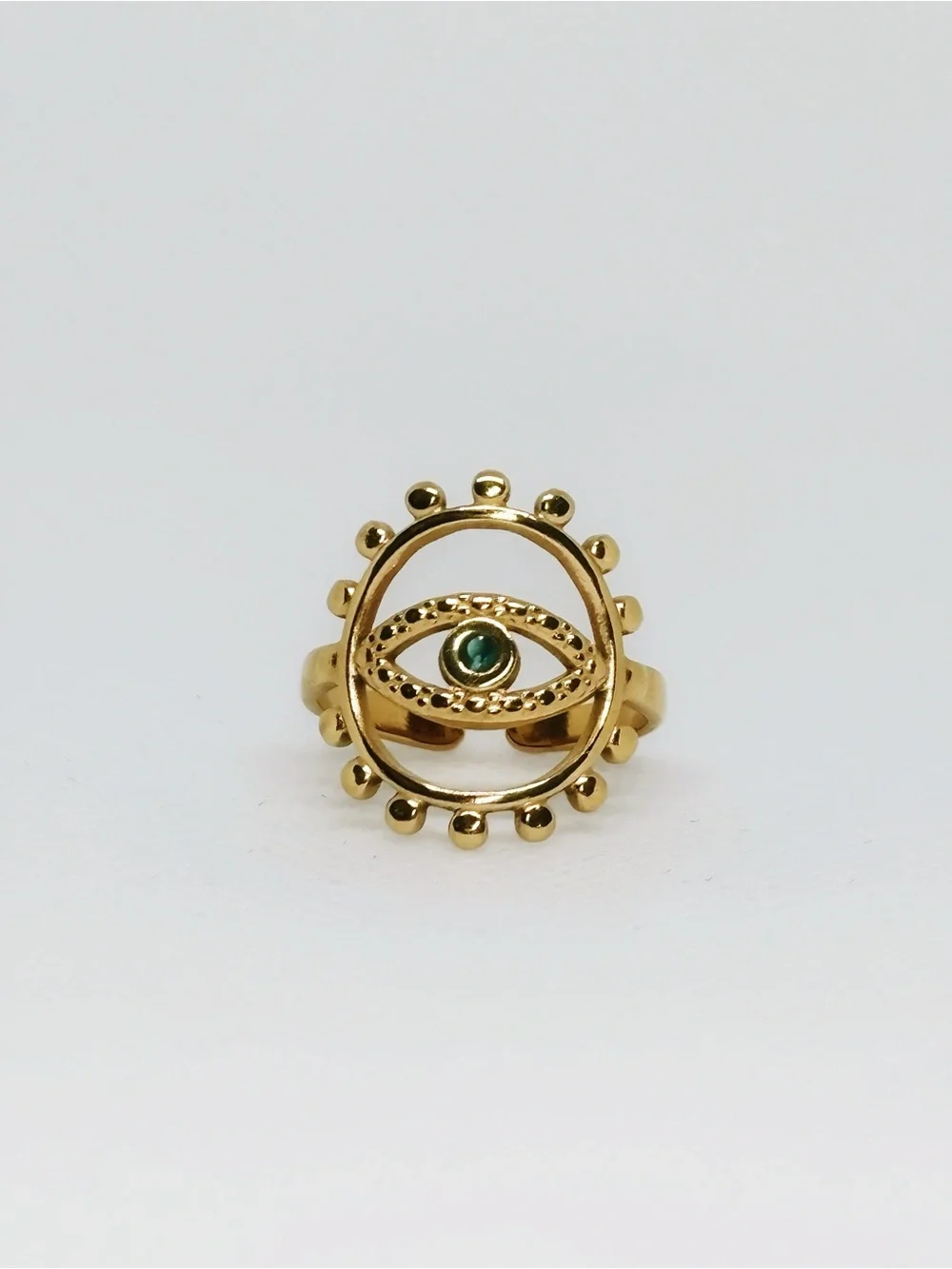 18k Yellow Gold Plated Evil Eye Ring with Green Emerald Stone (Adjustable)